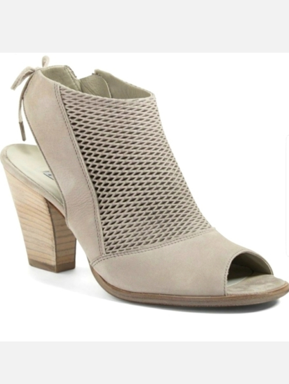 PAUL GREEN Lexi Taupe Leather Peep Toe Booties Mesh Block Heel Chic Neutrel - Picture 2 of 10